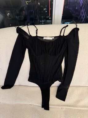 Astr Black Off-Shoulder Corset Bodysuit with Spaghetti Straps